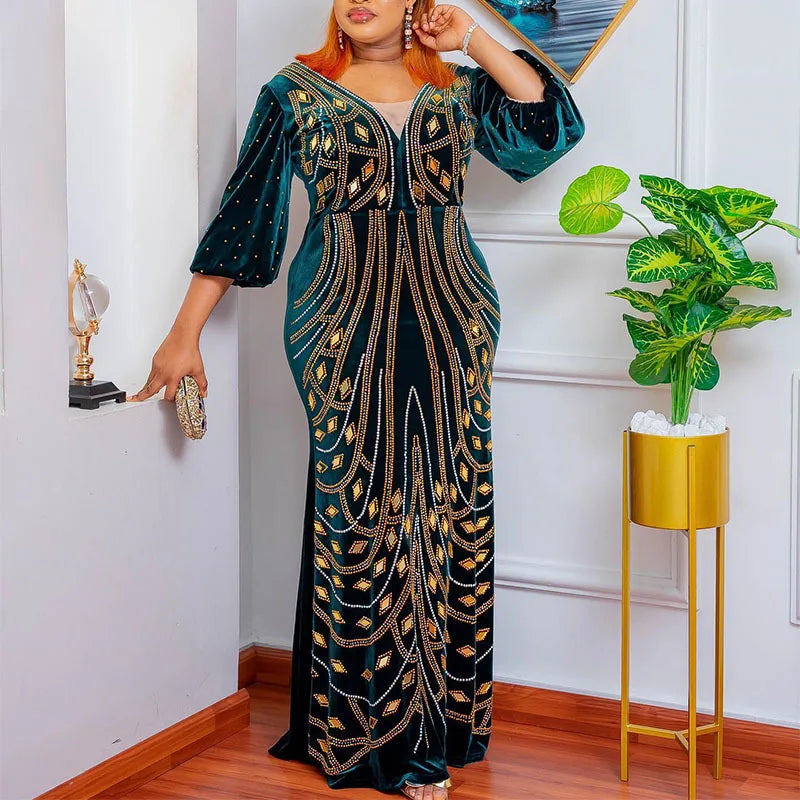 2023 Luxury Plus Size Blue African Sequins Maxi Dress for Women Elegant Lady Wedding Evening Dresses Sexy Party Bodycon Gown