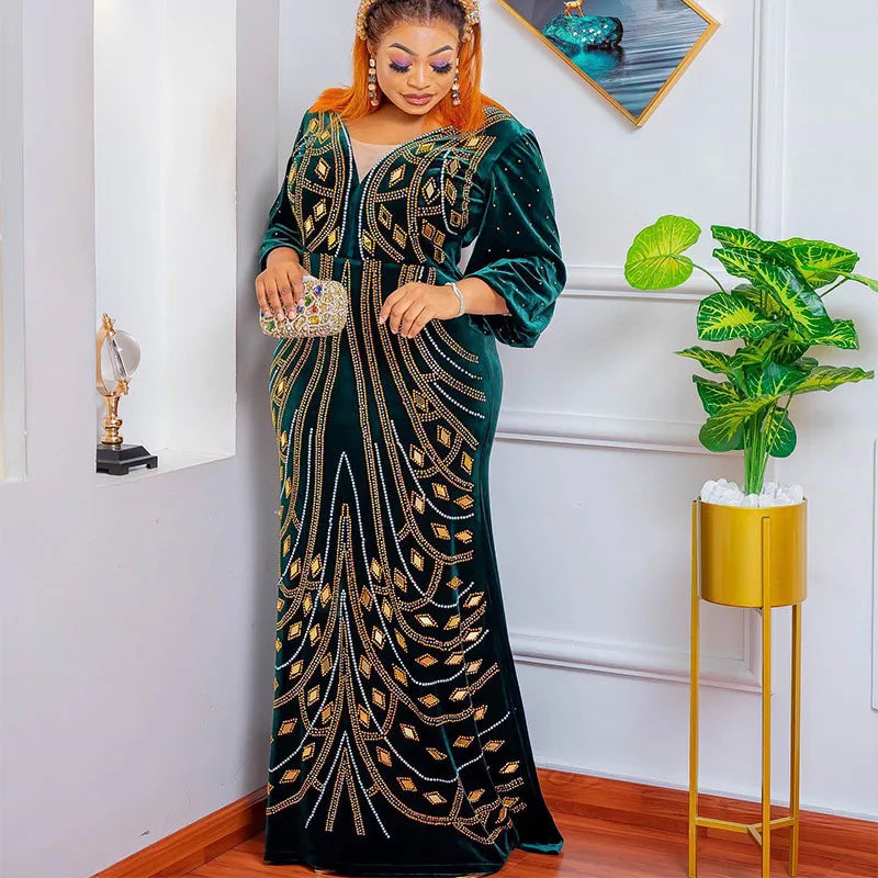 2023 Luxury Plus Size Blue African Sequins Maxi Dress for Women Elegant Lady Wedding Evening Dresses Sexy Party Bodycon Gown