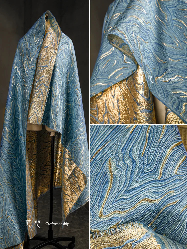 Blue Gold Twill Jacquard Fabric for Dress-fabric-Top Super Deals-Sea Blue-50x142cm-Free Item Online