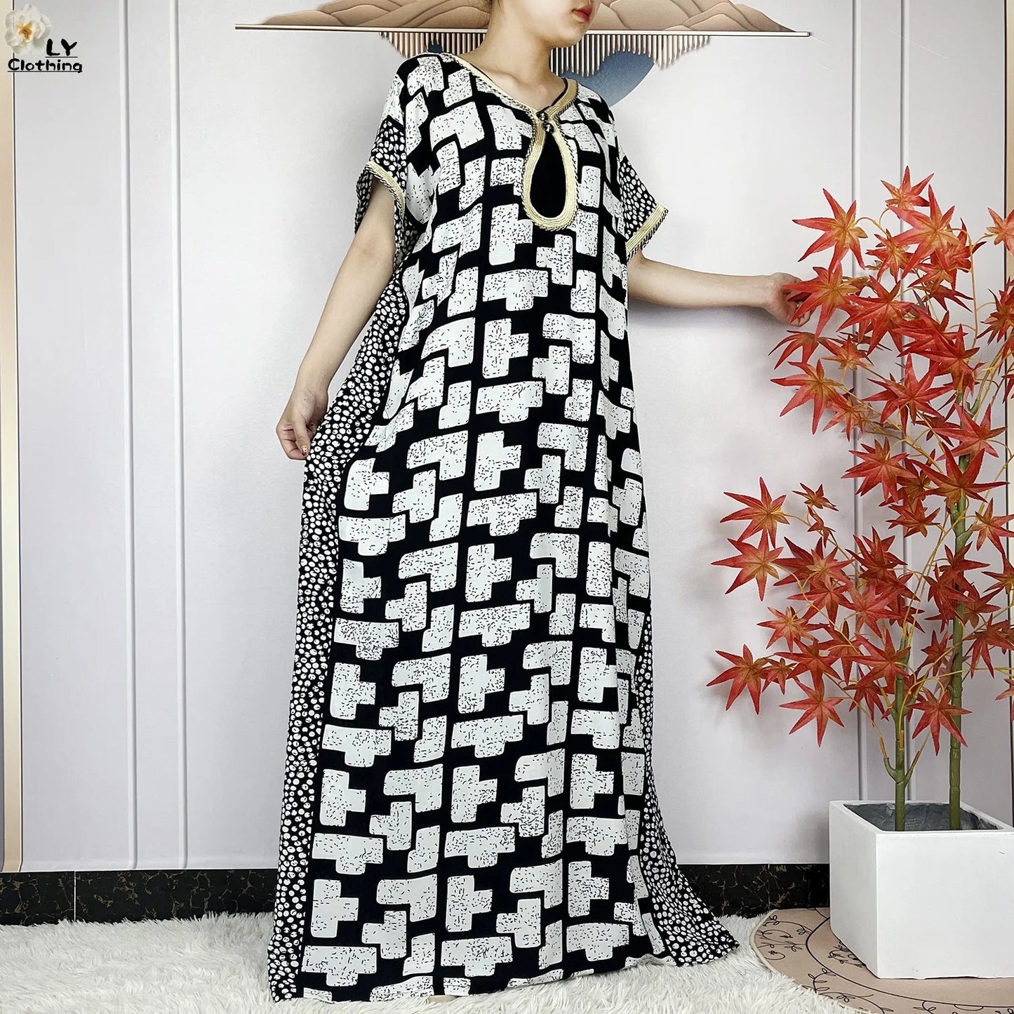 Women Short Sleeve Cotton Loose Dress Boubou Maxi Dresses With Scarf