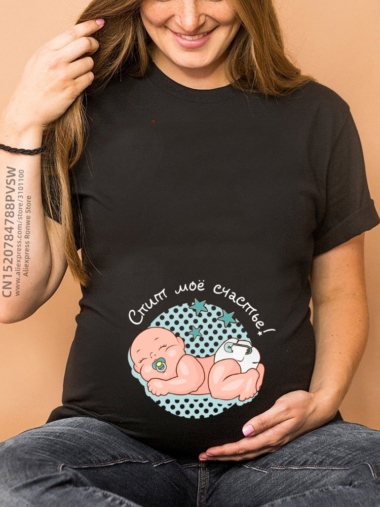 Maternity Clothes Casual Pregnancy T Shirts Baby Print Funny Women Summer Tees Tops White