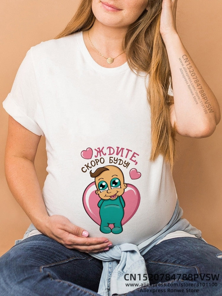 Maternity Clothes Casual Pregnancy T Shirts Baby Print Funny Women Summer Tees Tops White