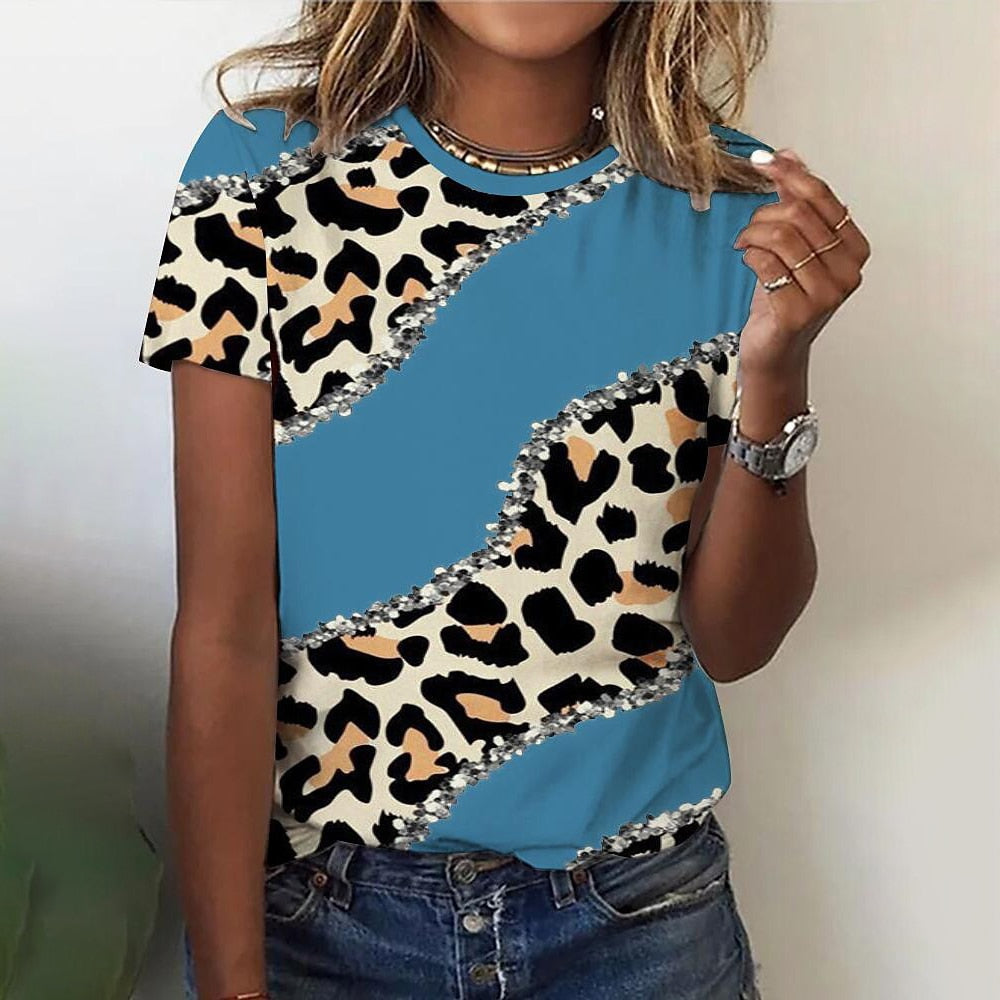 T-shirt O Neck Leopard Print Short Sleeve Clothing Streetwear Hip-Hop Top Vintage Sexy Pullover T Shirt Girls