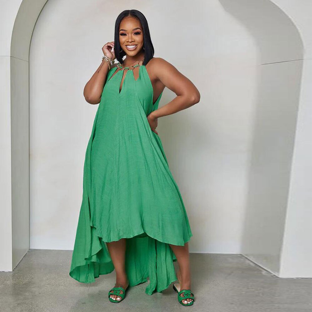 Summer New Women's Fashion Sexy Sleeveless Open Back Long Street Dress Solid Loose Pullover Metal Decoration  Dress