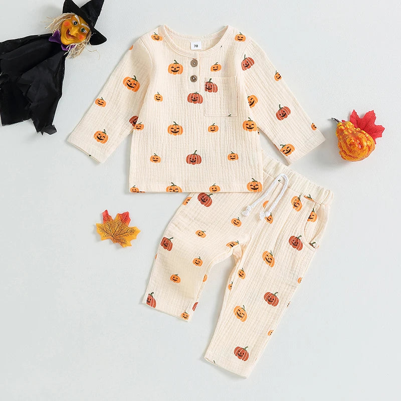 2PCS Toddler Girls Boys Halloween Clothes Cotton Linen Long Sleeve Pumpkin Print Button Tops Drawstring Pants Spring Fall Sets