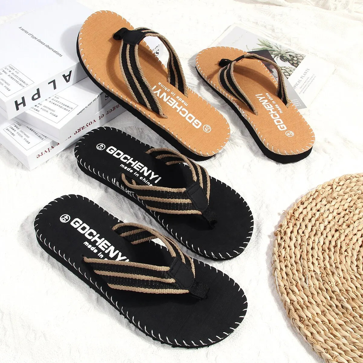 Men Slippers Outside Beach Flat Flip-flop Summer Casual Footwear Male Anti-slip Shoes Thong Sandals Black