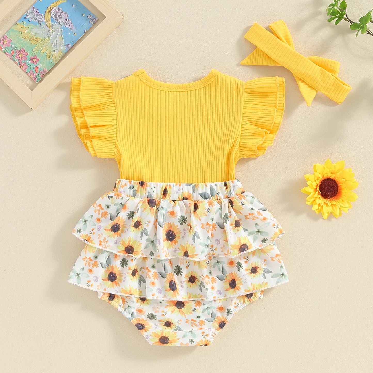 Citgeett Summer Infant Baby Girl Clothes Set Fly Sleeve Sunflower Print Bow Bodysuit + Ribbed Headband Yellow Outfits