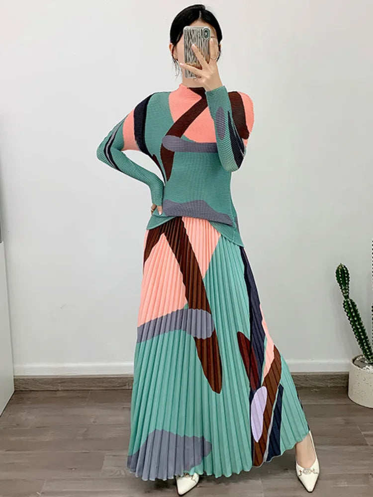 2 Pieces Sets For Women Slim Long Sleeves Pleated T-shirt with Elastic Waist Skirts