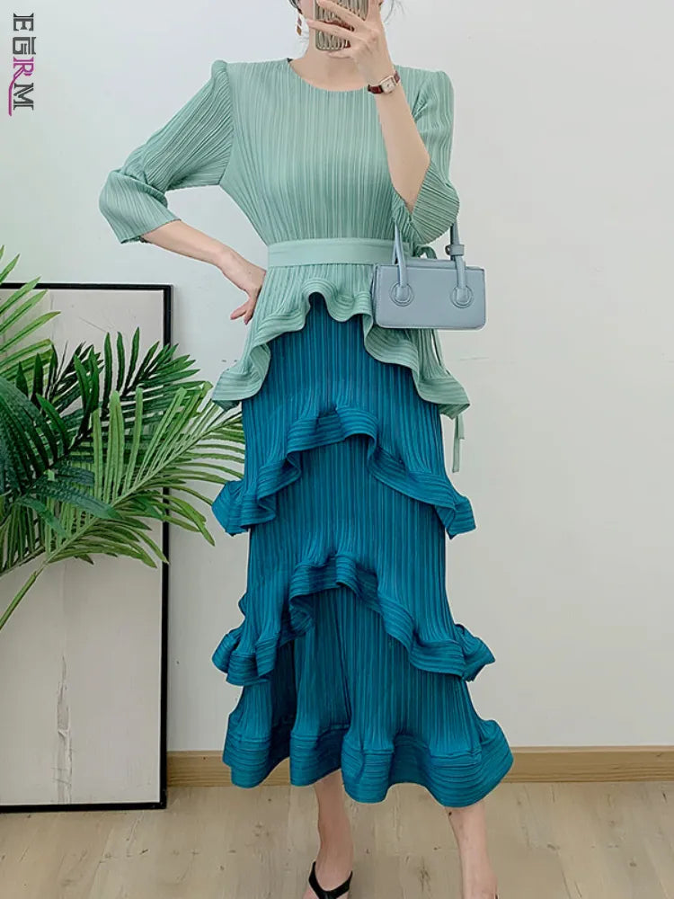 Color Block Patchwork Pleated Dress Women Elegant Round Neck Long Sleeves Belt Dresses ORANGE RED / One Size Color Block Patchwork Pleated Dress Women Elegant Round Neck Long Sleeves Belt Dresses ORANGE RED / One Size