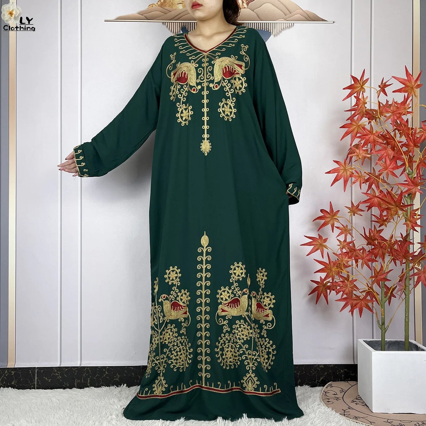 Women Abaya Clothing Floral Embroidery Cotton Long Sleeved Dresses Loose Robe With Headscarf