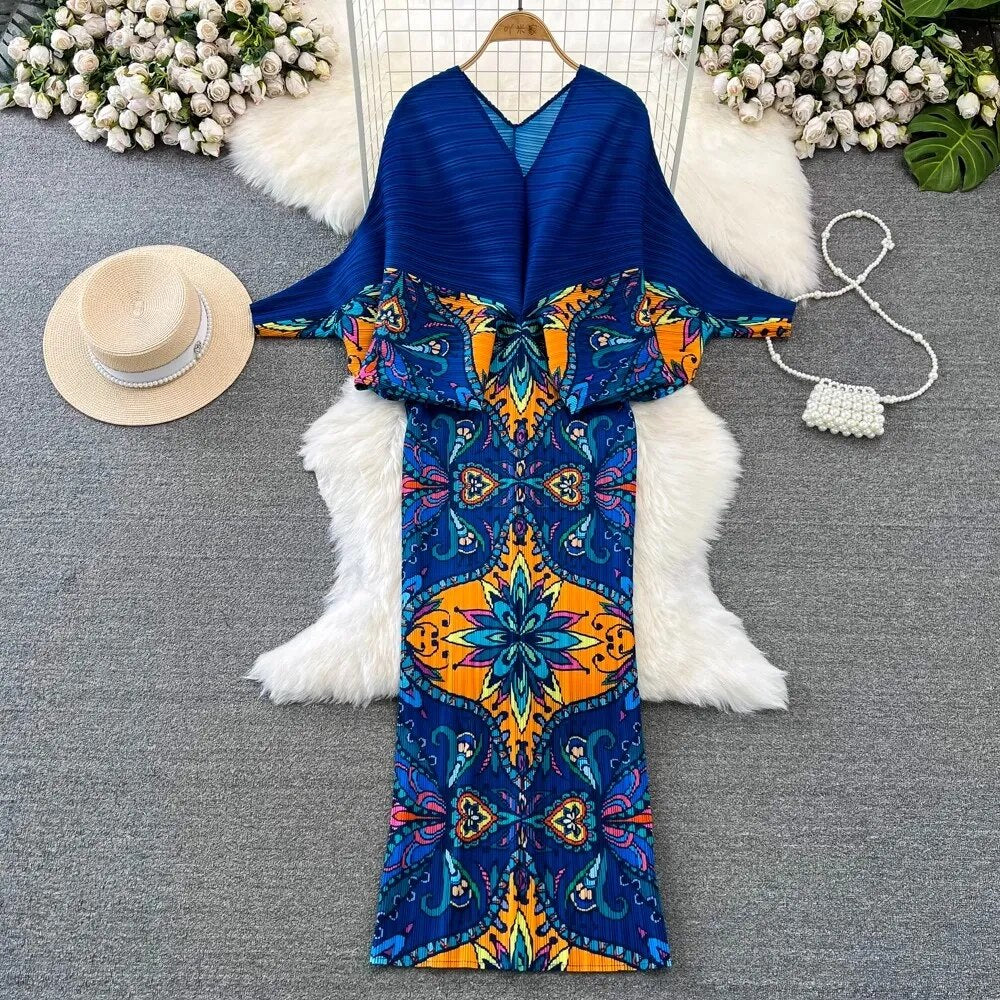 Pleated Spring Summer Women V Neck Batwing Sleeve Printed High Elastic Casual Loose Holiday Dresses