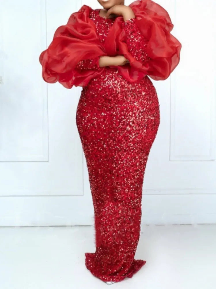 Women Sequin Floor Length Dress Puffy Ruched Long Sleeve Crew Neck Sparkly Glitter Velvet Formal Party Evening Gowns