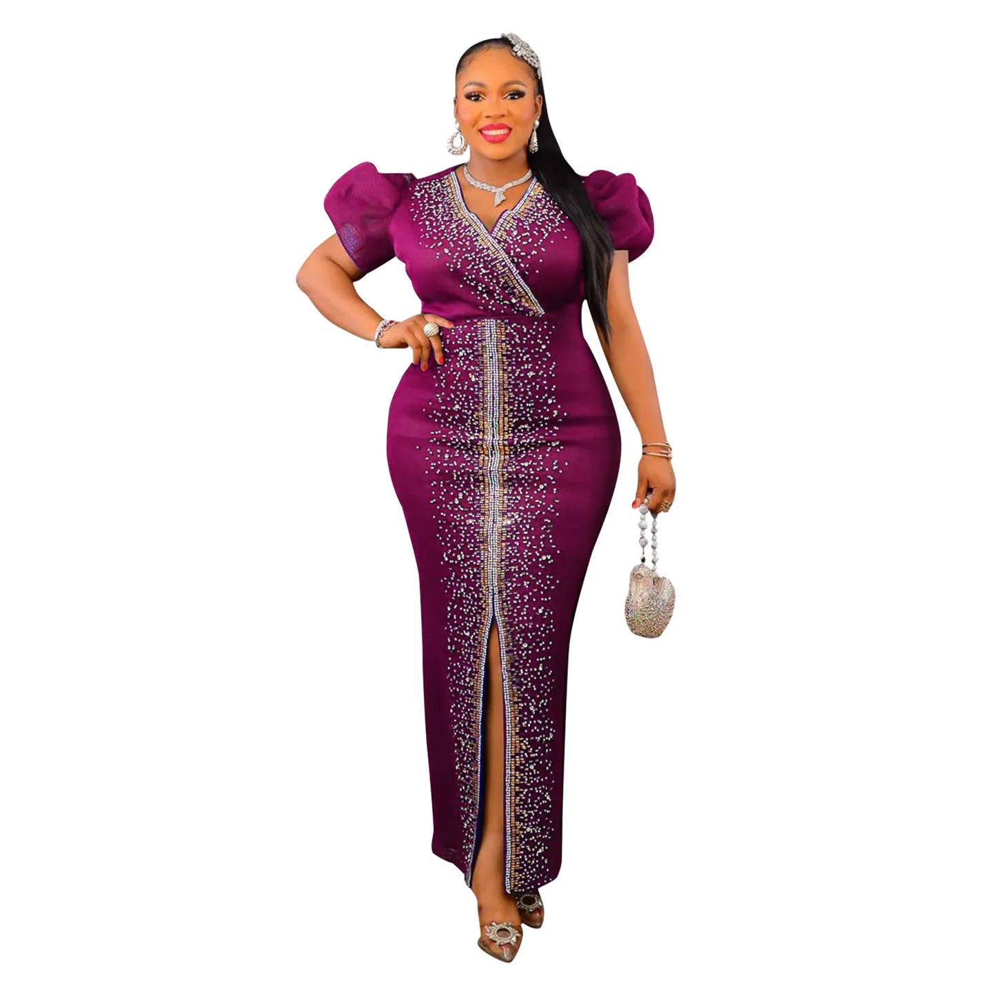 2023 Women Luxury Diamonds Hot Drill Wrap V-neck Puff Short Sleeve Bodycon Midi Maxi Dress Sexy Night Club Birthday Vestidos