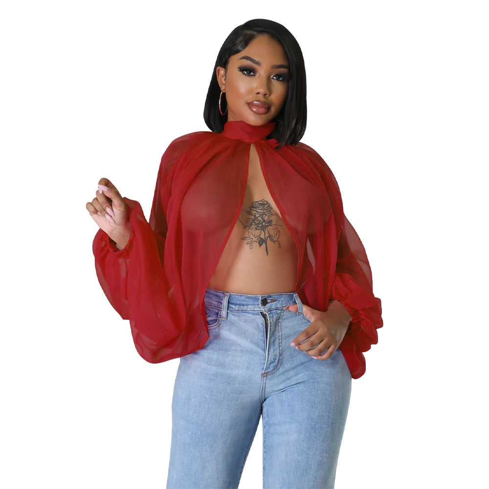 Summer Sexy Mesh Chiffon Shirt Women Perspective Gradient Printing Lace Up Split Irregular Shirt Women