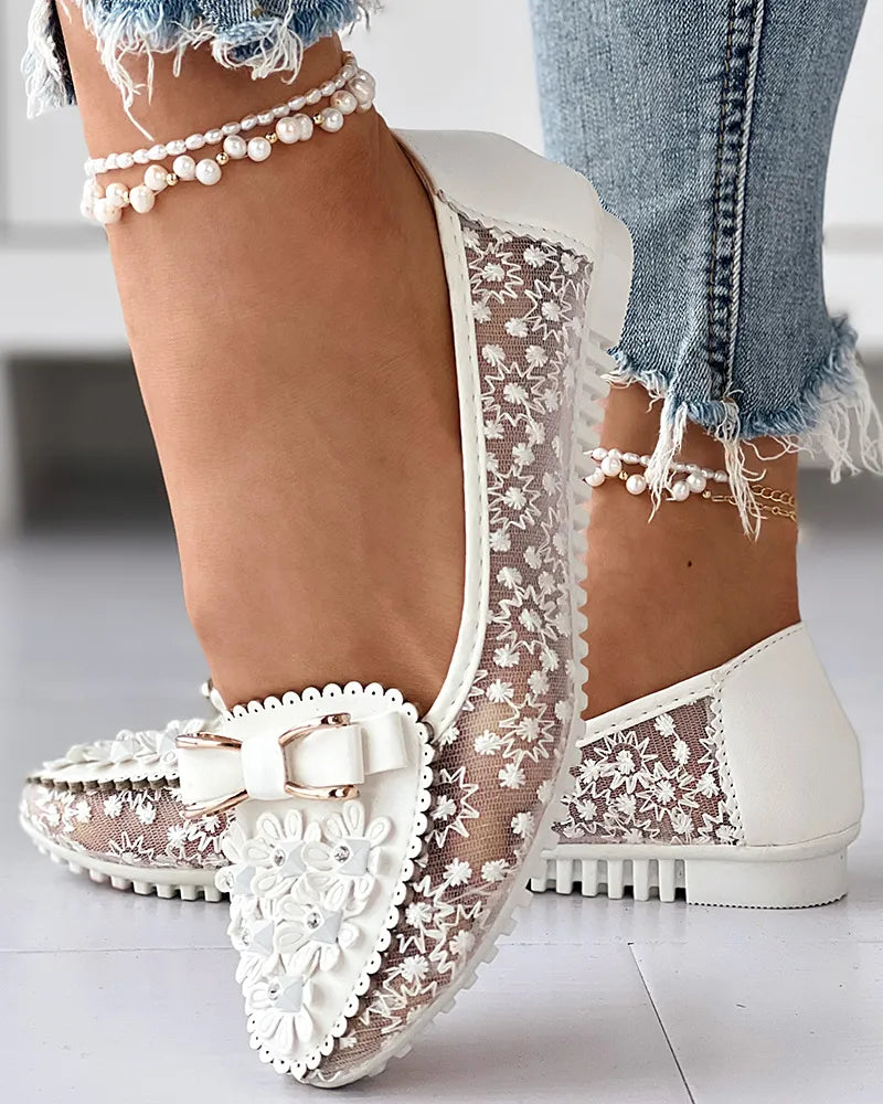 Floral Embroidery Bowknot Loafers Women