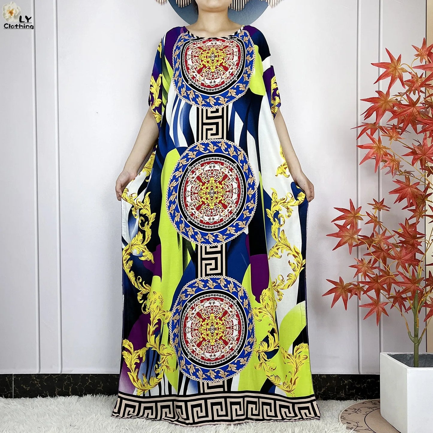 Women Short Sleeve Cotton Loose Femme Robe Dresses With Big Scarf