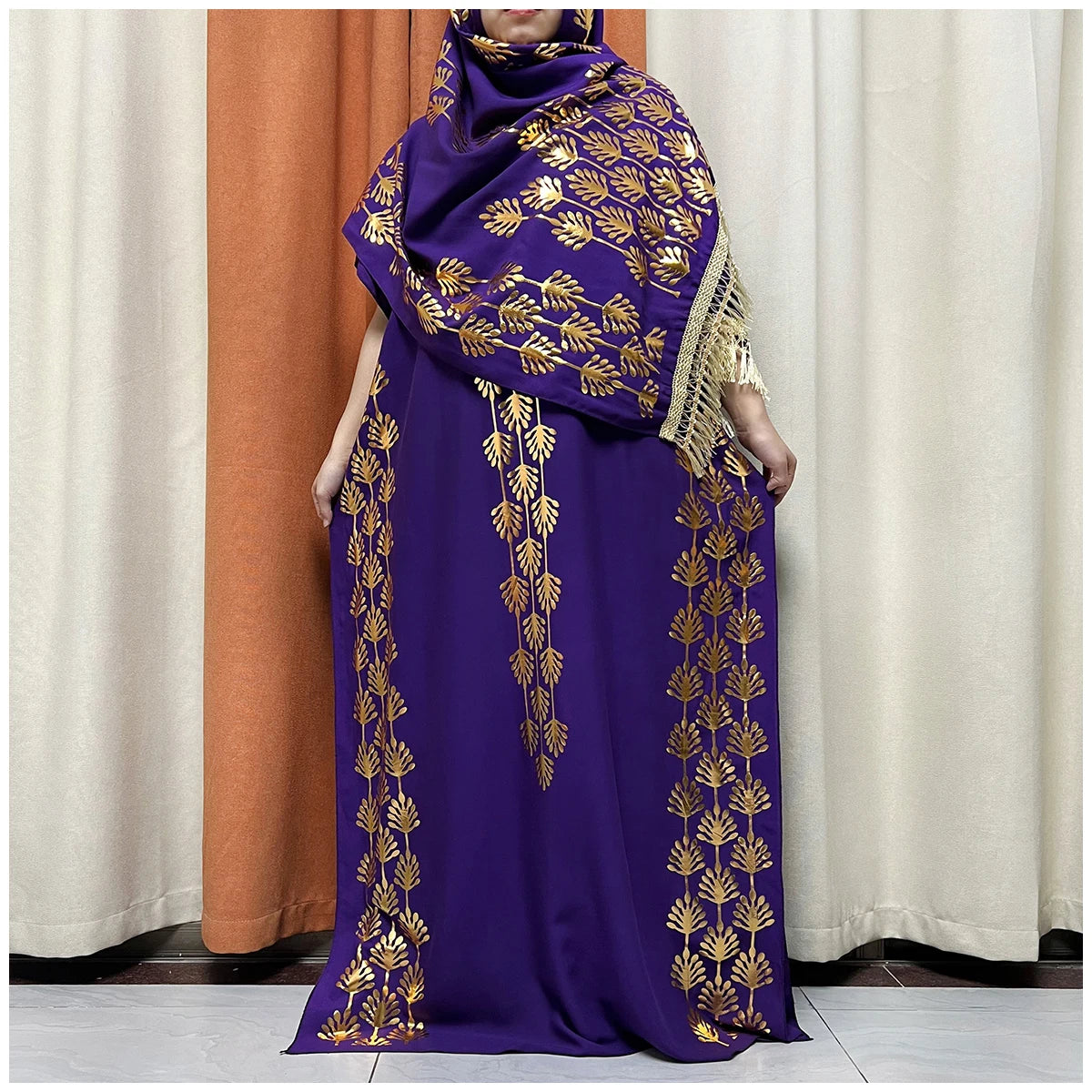 Women Dubai Stretch Print Loose Fit  Elegant Dresses Caftan Moroccan Robe With Headscarf