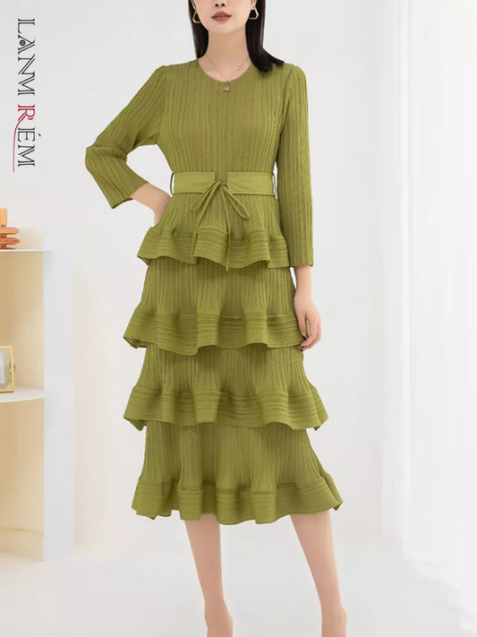 Women Pleated Mid Dress Solid Color Ruffles Party Wedding