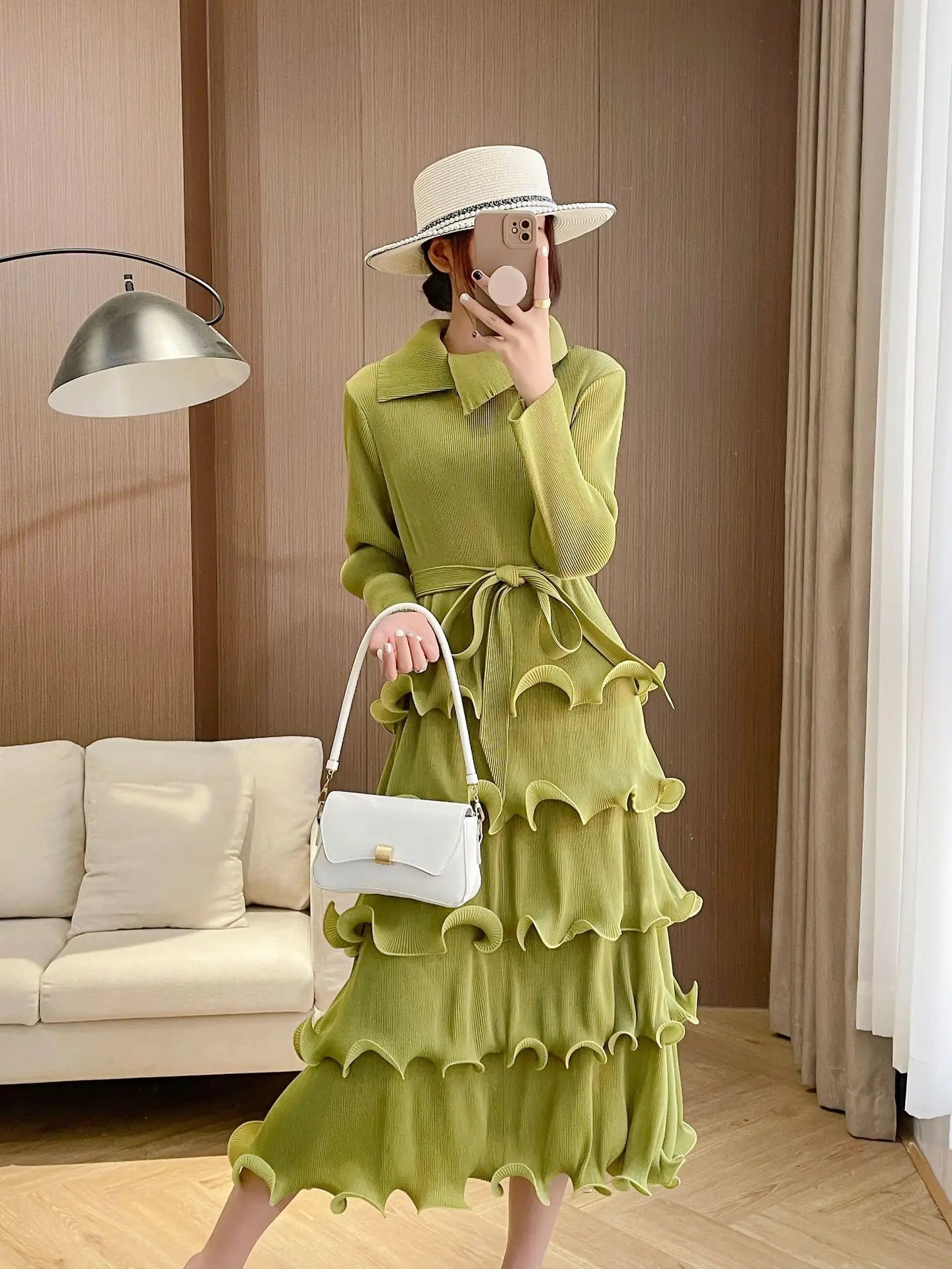 French Long Sleeve Lapel Ruffle Dress Belt Pleated Fashion Loose Clothing