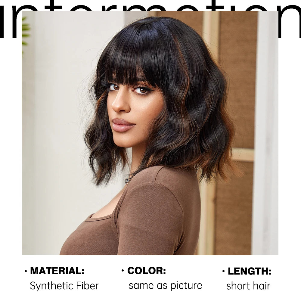 Short Wavy Synthetic Bob Wigs Dark Brown with Highlight Bangs