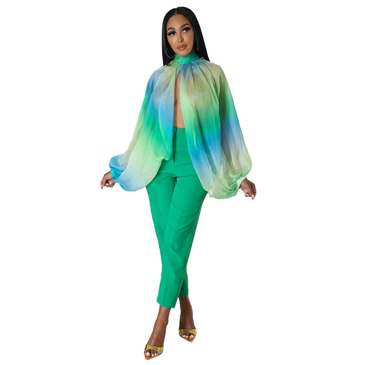 Summer Sexy Mesh Chiffon Shirt Women Perspective Gradient Printing Lace Up Split Irregular Shirt Women