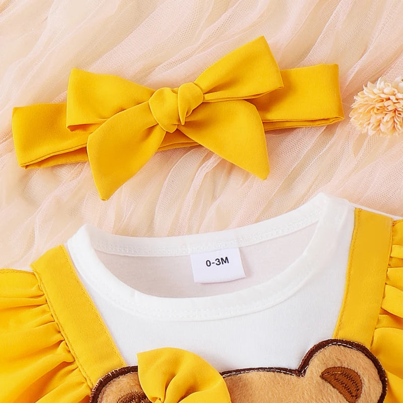 ma&baby 0-18M Newborn infant Toddler Baby Girls Romper Summer Cartoon Bear Embroidery Jumpsuit + Headband Outfits