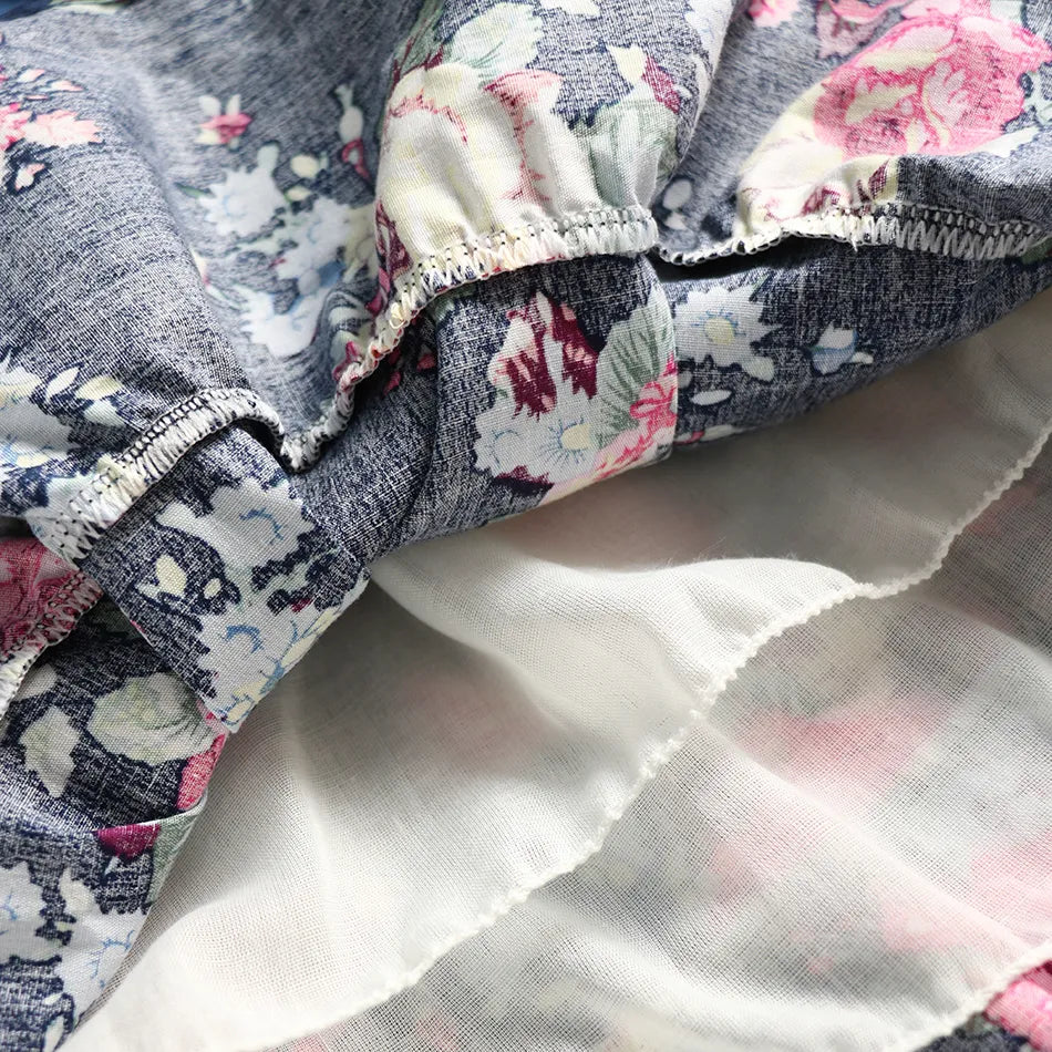 Summer Girls Denim Floral Dress Short Sleeve Casual Clothes