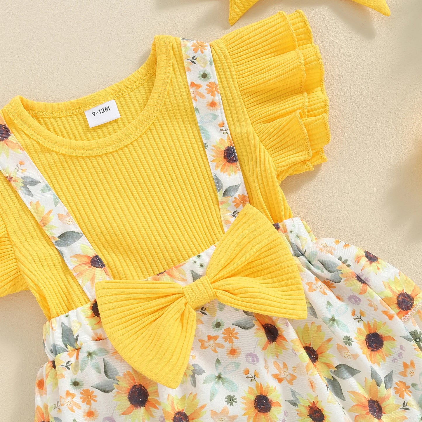 Citgeett Summer Infant Baby Girl Clothes Set Fly Sleeve Sunflower Print Bow Bodysuit + Ribbed Headband Yellow Outfits
