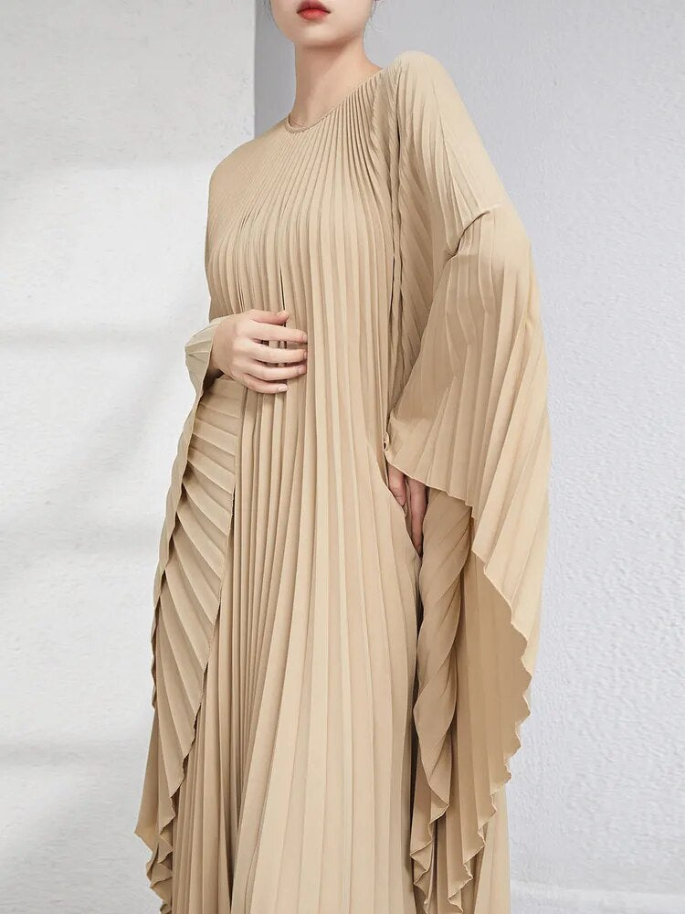Solid Batwing Sleeve Pleated Dress Loose Irregular Clothing Spring Autumn