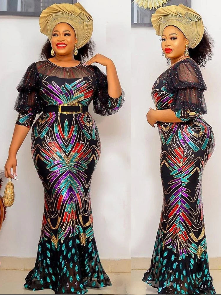 Luxury Evening Dresses Women African Sequin Bodycon Mermaid Dress