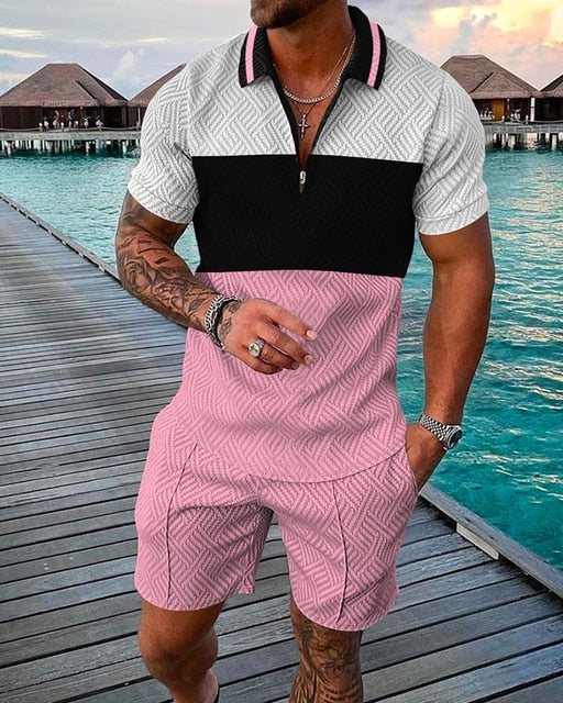 Summer Mens Polo Shirts with Short Sleeve 3D Trend Luxury Golf T Shirt Black Faashion Blouse Short Pants Tracksuit 2 Pieces Sets