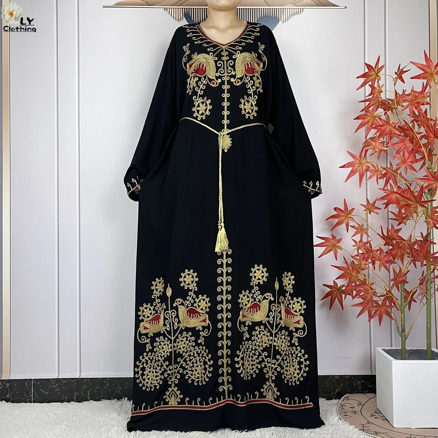 Women Abaya Clothing Floral Embroidery Cotton Long Sleeved Dresses Loose Robe With Headscarf
