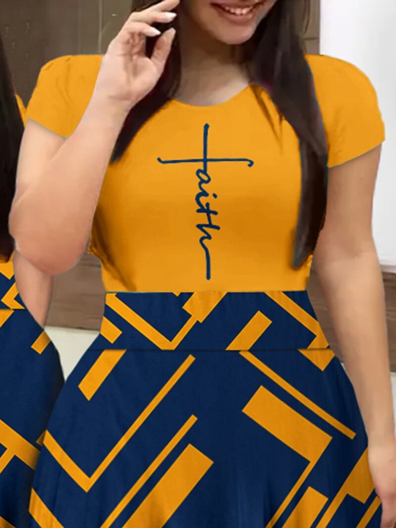 Slim Fit Round Neck Long Panel Printed Dress-party dresses-Top Super Deals-Free Item Online