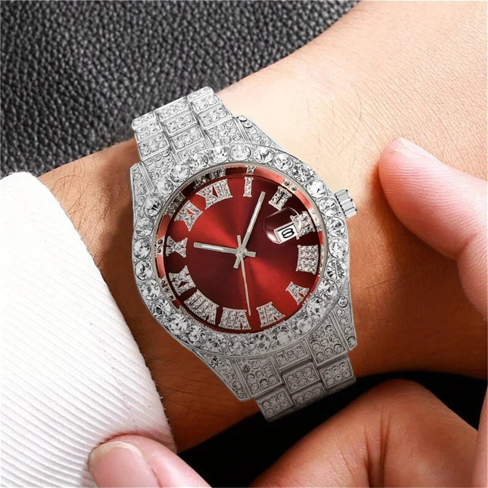 Mens Hip Hop Watch Quartz Timepiece with Oversized Rhinestone Dial and Durable Stainless Steel Band for Men