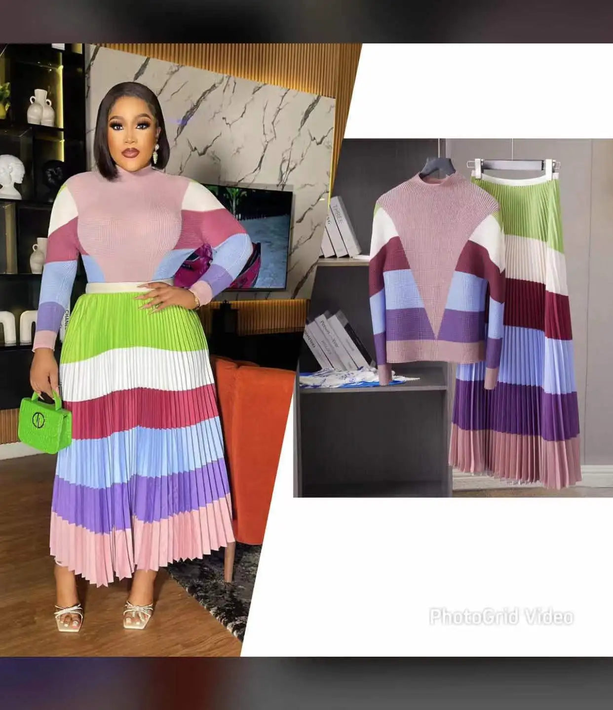 Miyake Pleated Women's 2023 New Printed Corn Pleated Long Sleeve Temperament Slim Fit Top+Loose Versatile Women's Half Skirt Set