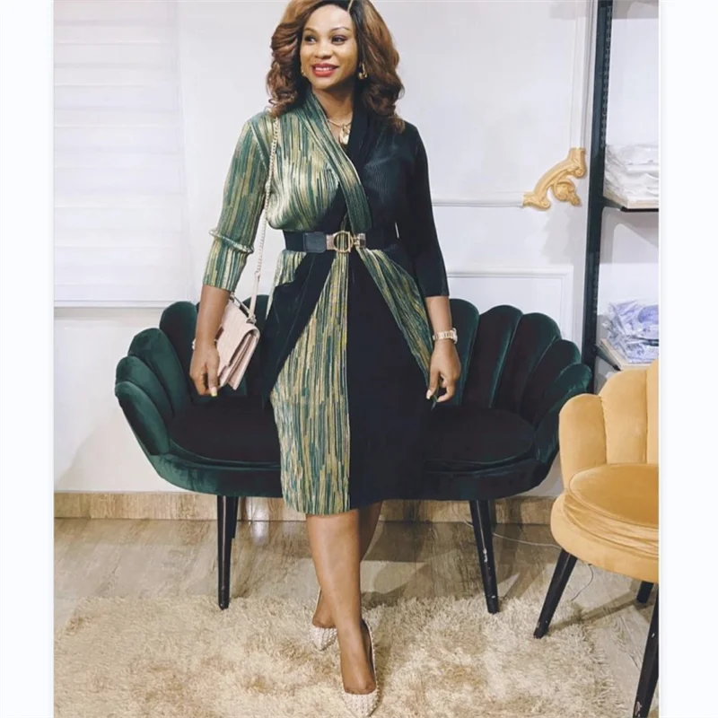 Pleated Elegant Dress V-neck Stretch Retro Plump Fashion Women's Wear