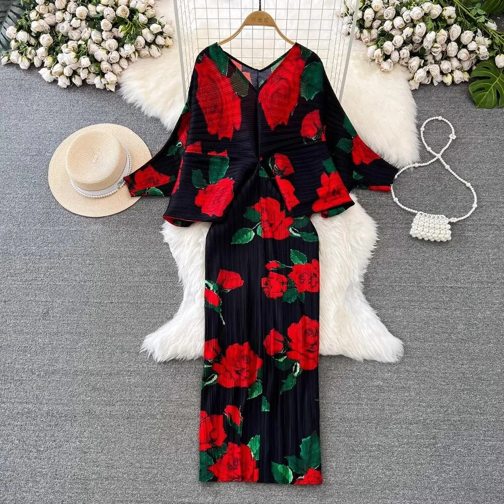 Pleated Spring Summer Women V Neck Batwing Sleeve Printed High Elastic Casual Loose Holiday Dresses