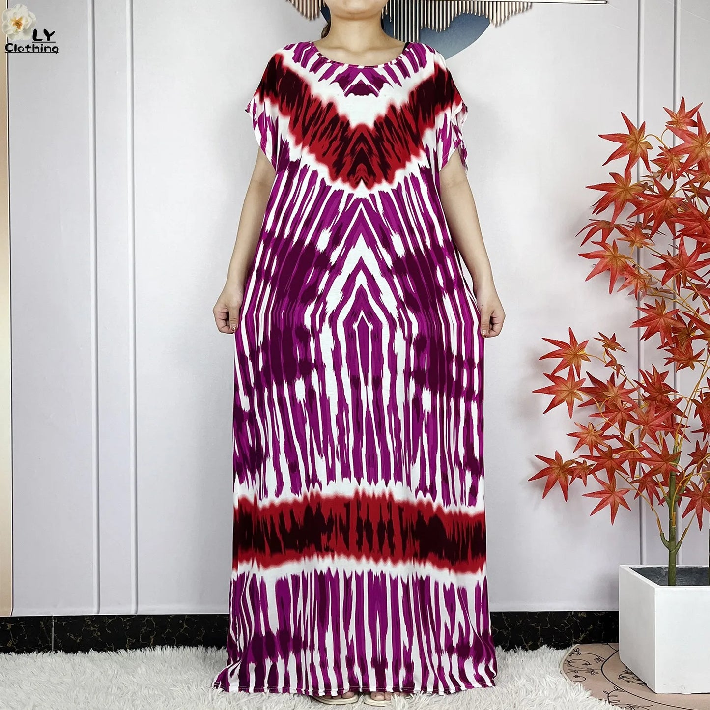 Short Sleeve African Dashiki Tie-dyed Cotton Abaya Caftan Casual Dresses With Big Scarf