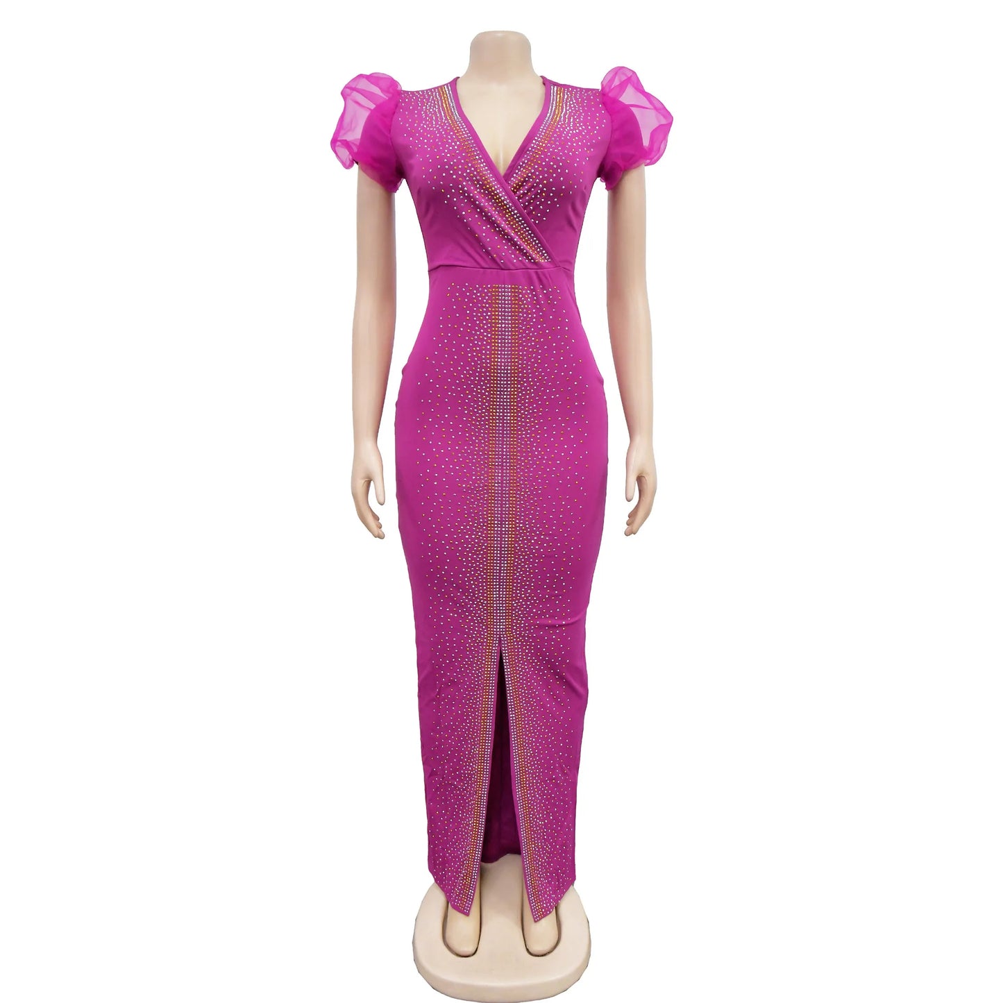 2023 Women Luxury Diamonds Hot Drill Wrap V-neck Puff Short Sleeve Bodycon Midi Maxi Dress Sexy Night Club Birthday Vestidos