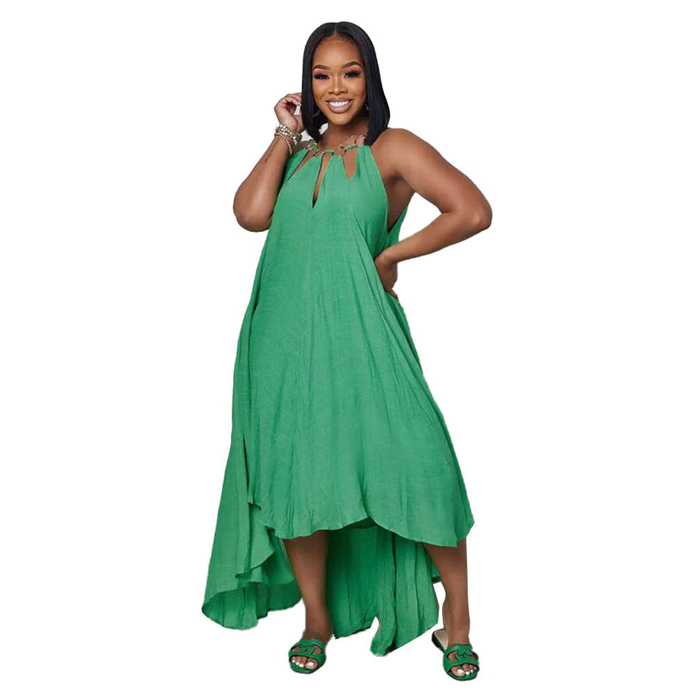 Summer New Women's Fashion Sexy Sleeveless Open Back Long Street Dress Solid Loose Pullover Metal Decoration  Dress