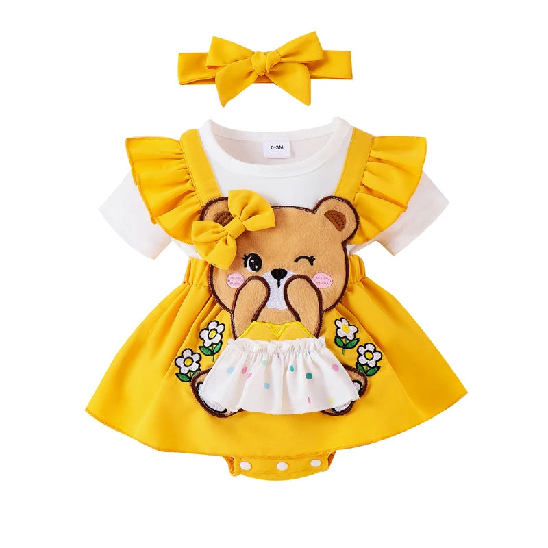 ma&baby 0-18M Newborn infant Toddler Baby Girls Romper Summer Cartoon Bear Embroidery Jumpsuit + Headband Outfits