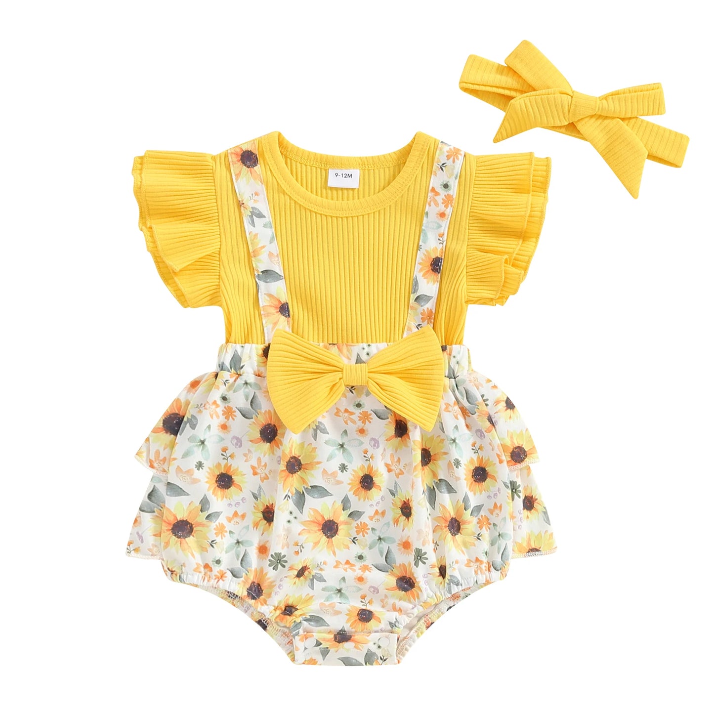 Citgeett Summer Infant Baby Girl Clothes Set Fly Sleeve Sunflower Print Bow Bodysuit + Ribbed Headband Yellow Outfits