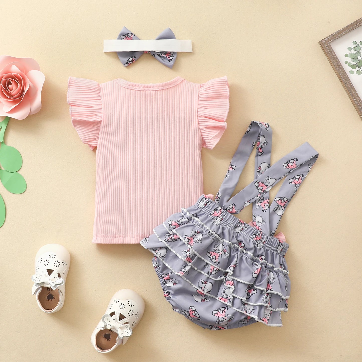 Infant Baby Girls Three Pieces Clothes Outfit, Round Neck Fly Sleeve Tops + Milk Cow Printed Suspender Shorts + Headband