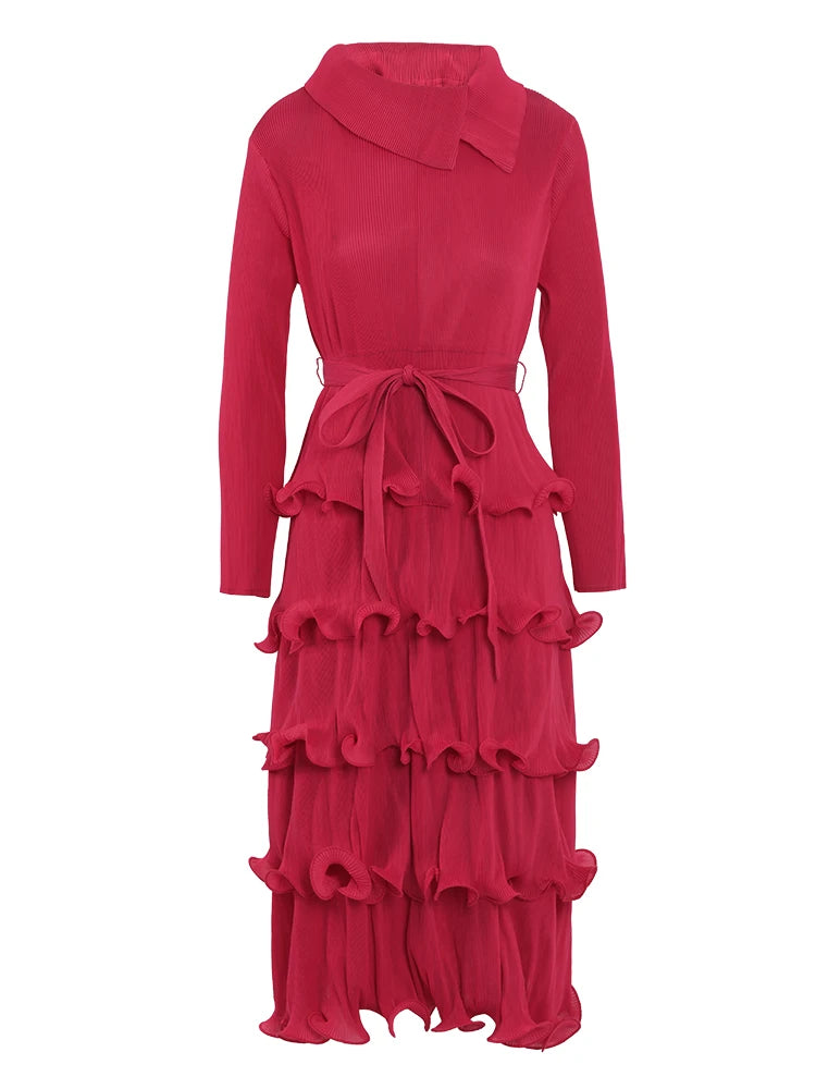 LANMREM Ruffles Pleated Dress For Women Lapel Long Sleeves Solid Color Elegant Dresses With Belt Female New Design 32A306