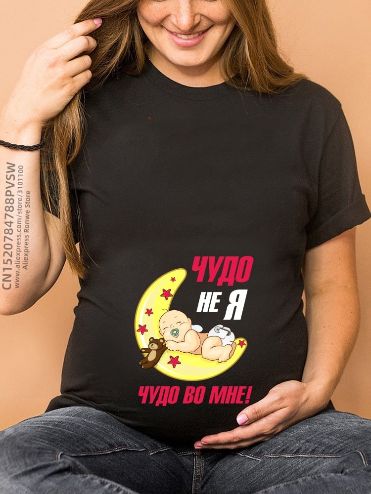 Maternity Clothes Casual Pregnancy T Shirts Baby Print Funny Women Summer Tees Tops White