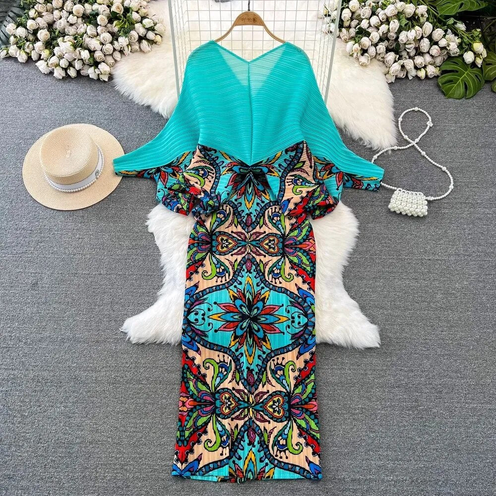 Pleated Spring Summer Women V Neck Batwing Sleeve Printed High Elastic Casual Loose Holiday Dresses