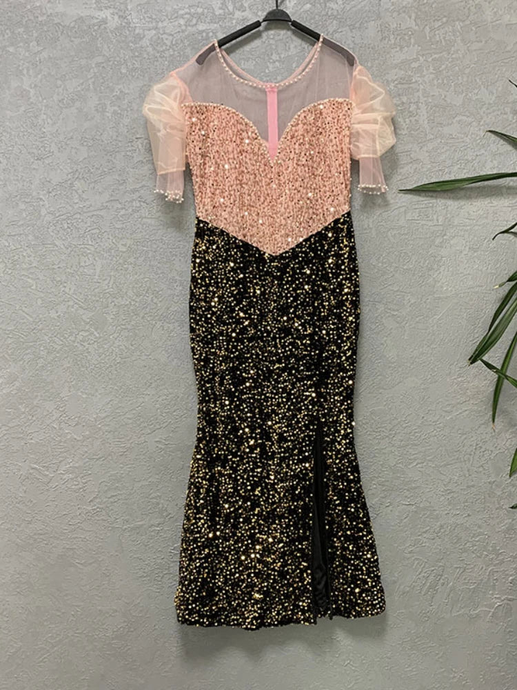 Sequins Long Party Dresses Ruffles Sleeve Beading High Slit