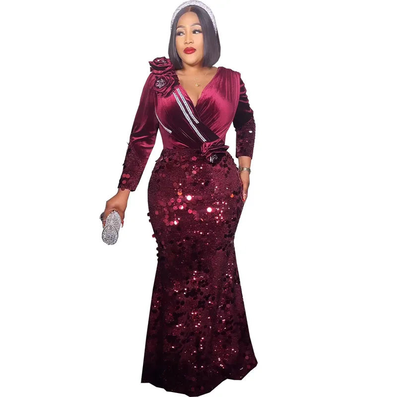 2023 Velvet African Dresses for Women Africa Women Long Sleeve V-neck Plus Size Flower Sequin Evening Party Long Dress