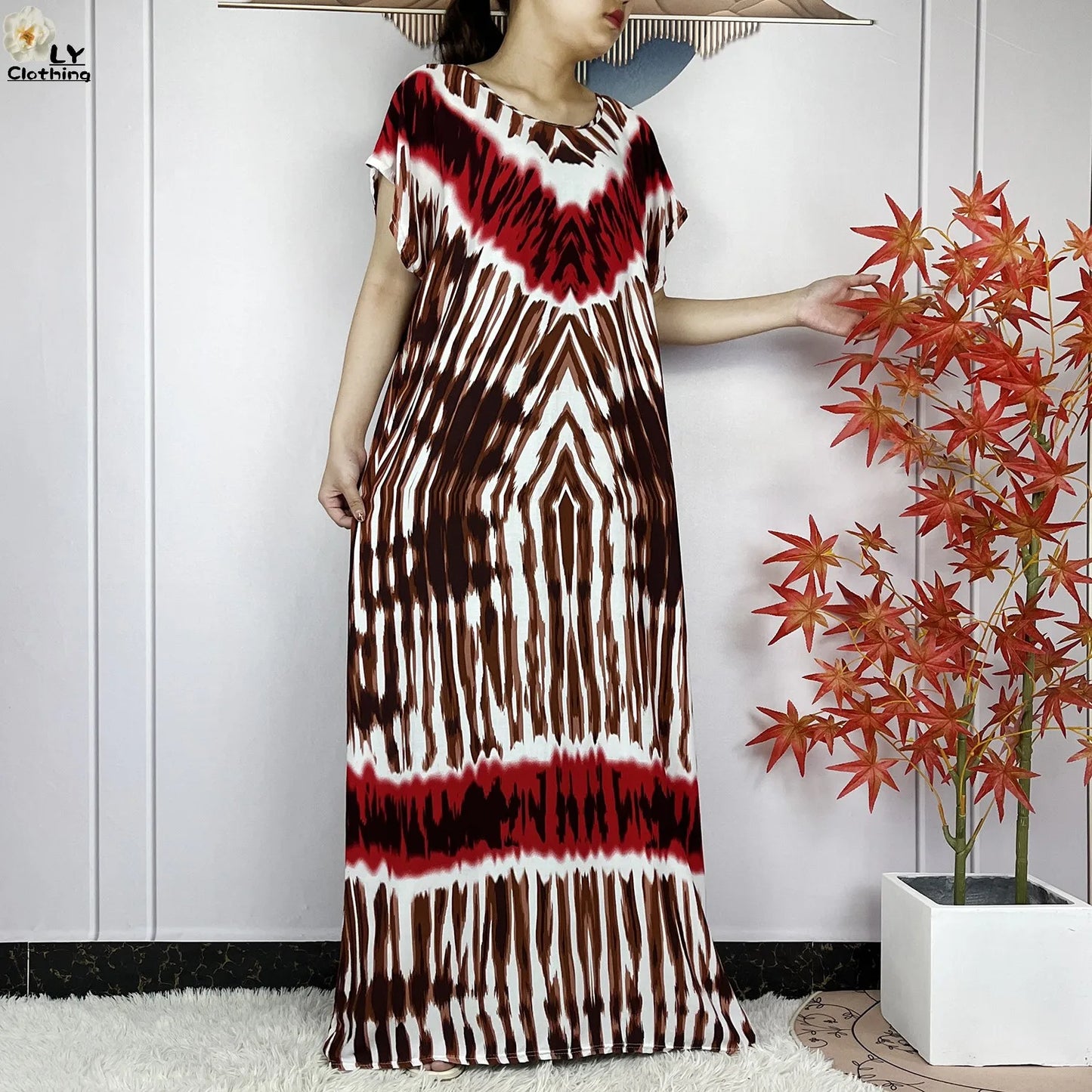 Short Sleeve African Dashiki Tie-dyed Cotton Abaya Caftan Casual Dresses With Big Scarf