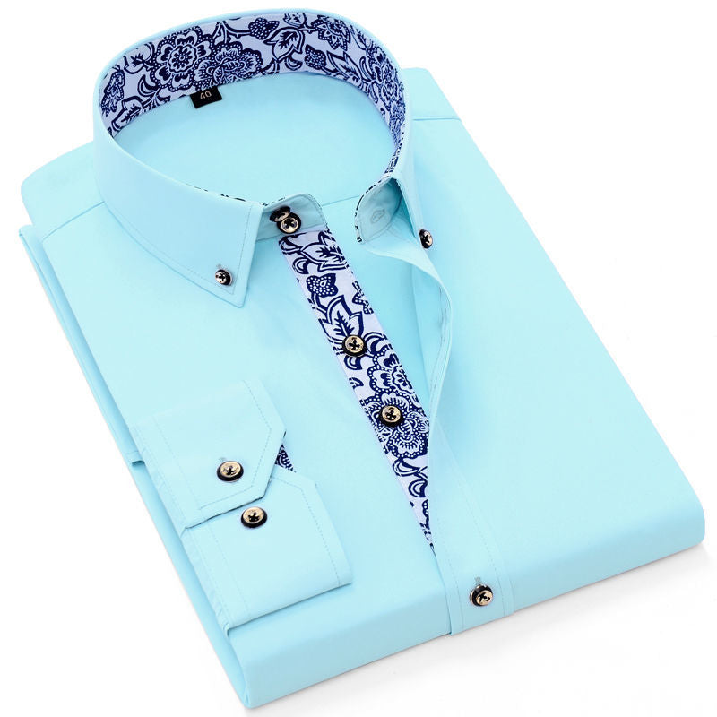 Blue-and-white Porcelain Collar Shirt Men Long Sleeve SlimFit Casual Business Dress Shirts Solid Color White Shirt Cotton
